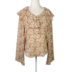 Vintage 90s Cream and Brown Floral Frilly Ruffle Flare Sleeve Blouse Top M